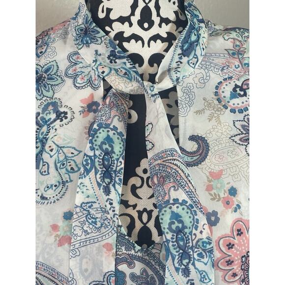 Almost Famous Boho Blouse,Wrinkle Resistant, Three-Quarter Sleeve, Aqua, White S - Picture 3 of 11